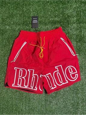 Rhude Red Swim Shorts with White Logo and Yellow Drawstring